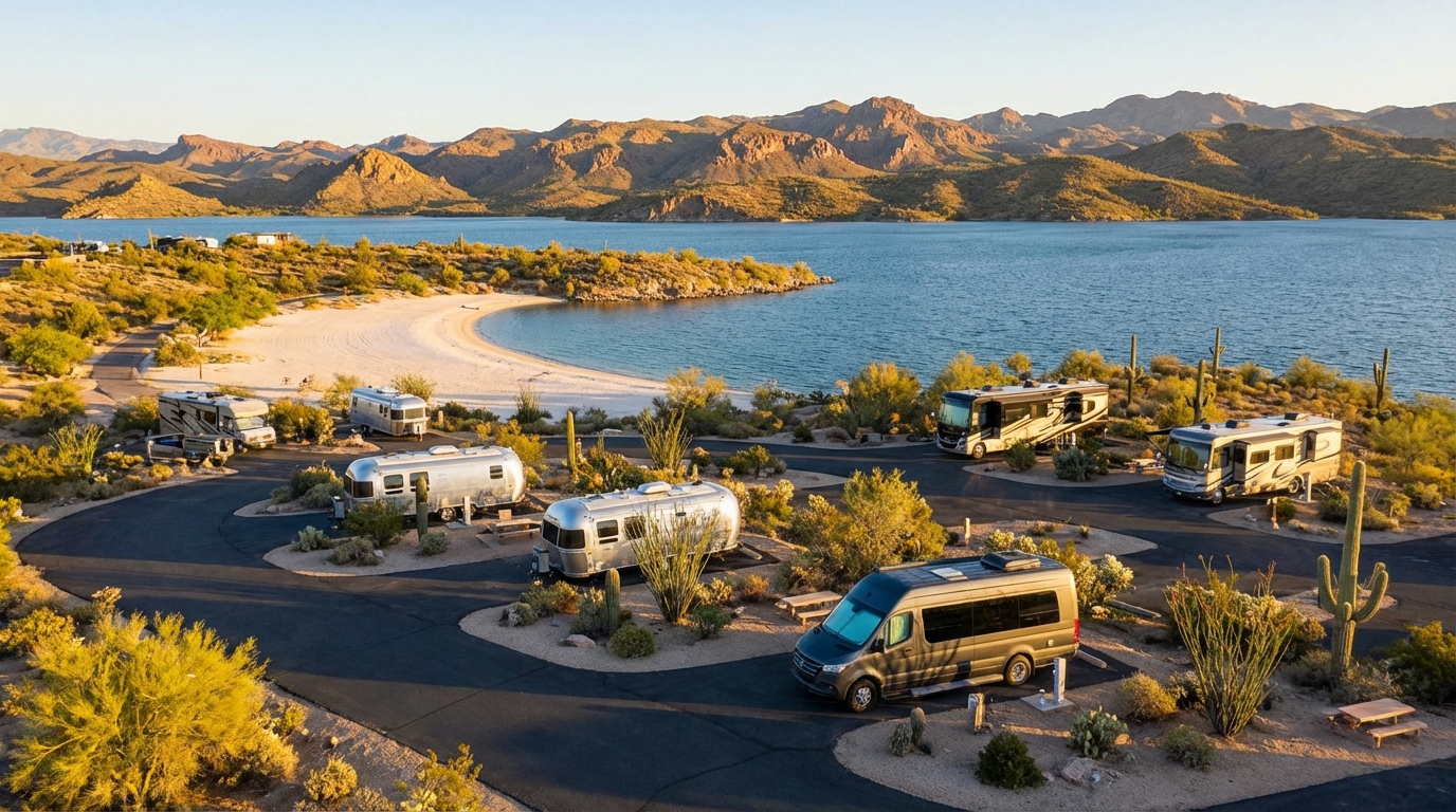 Scenic aerial view of a lakeside RV campground in a desert landscape featuring Airstream trailers and motorhomes parked on paved loops surrounded by Saguaro cacti, with a sandy beach cove and rugged mountains in the background