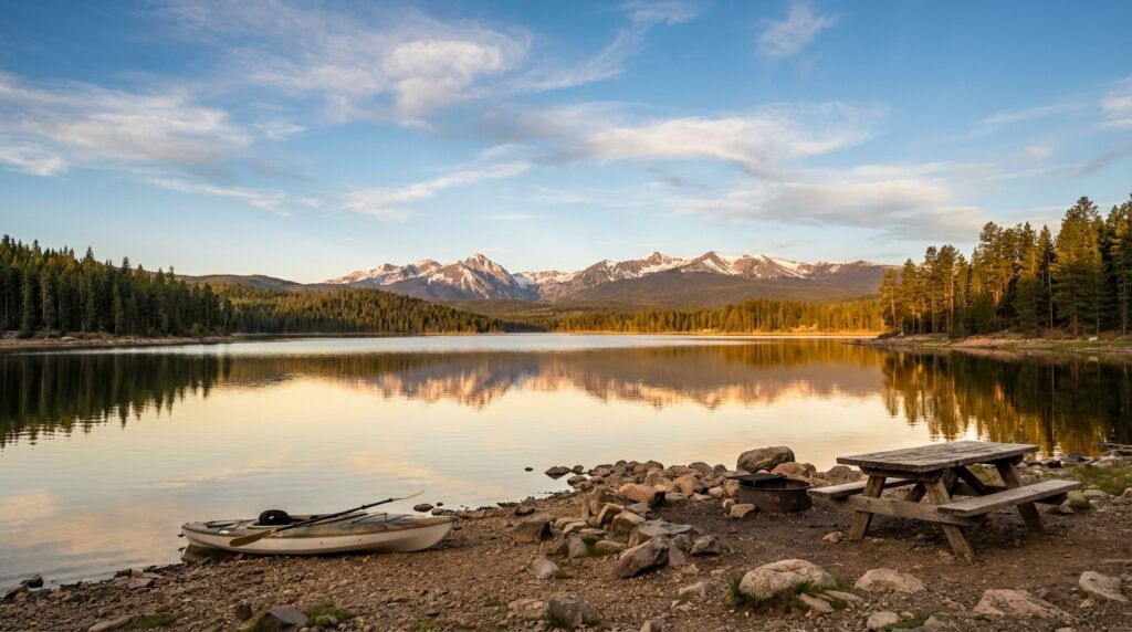White kayak resting on a rocky shore next to a wooden picnic table and fire ring overlooking a calm lake with snow-capped mountains and pine forests reflecting in the water during golden hour