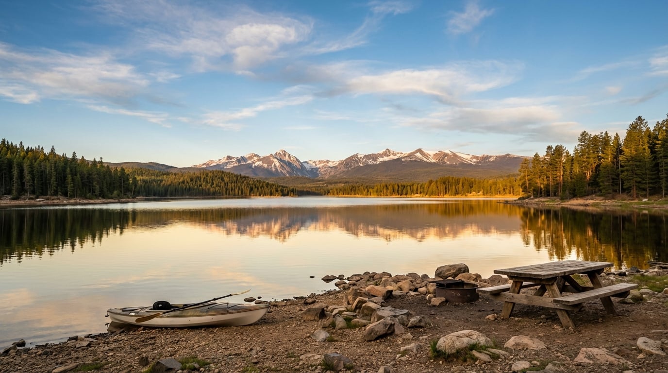 White kayak resting on a rocky shore next to a wooden picnic table and fire ring overlooking a calm lake with snow-capped mountains and pine forests reflecting in the water during golden hour