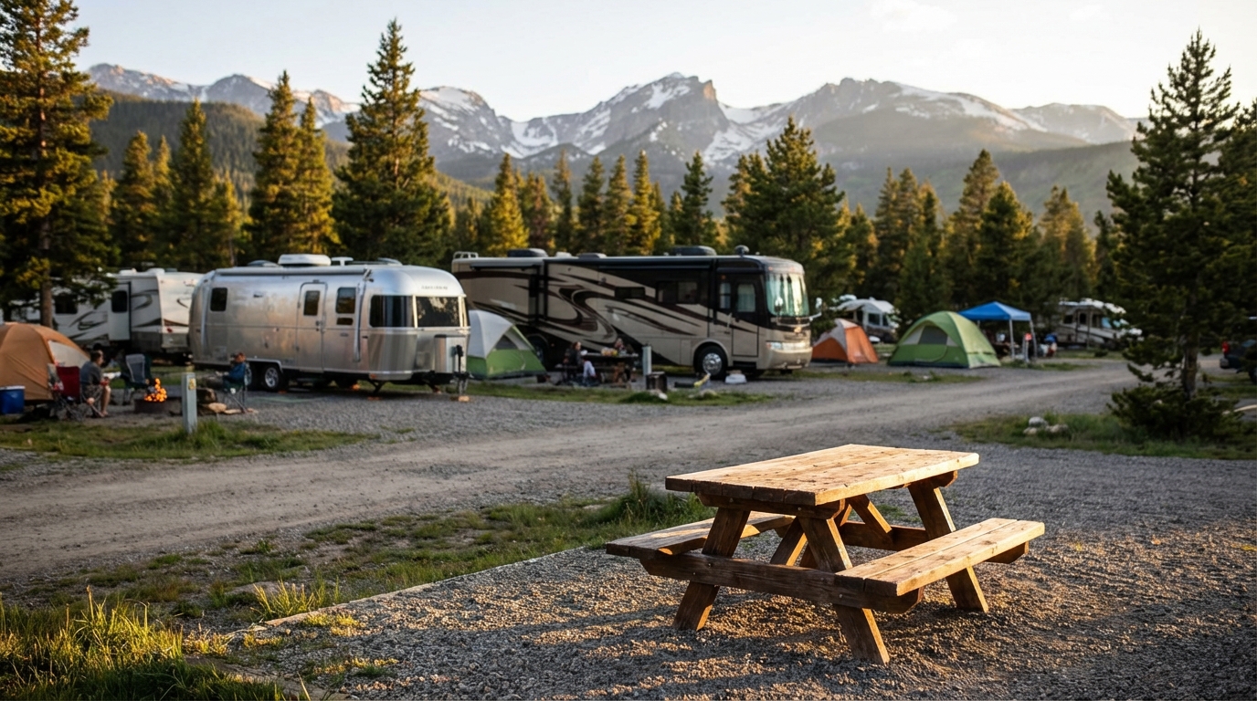 Wooden picnic table in the foreground of a scenic campground filled with RVs, Airstream trailers, and tents nestled among pine trees with snow-capped mountain peaks in the distance
