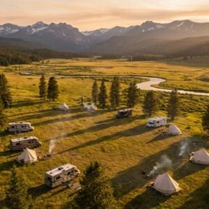 Aerial view of a scenic campground featuring motorhomes and white canvas glamping tents scattered across a grassy valley floor near a winding river, with pine forests and jagged mountain peaks illuminated by golden sunset light