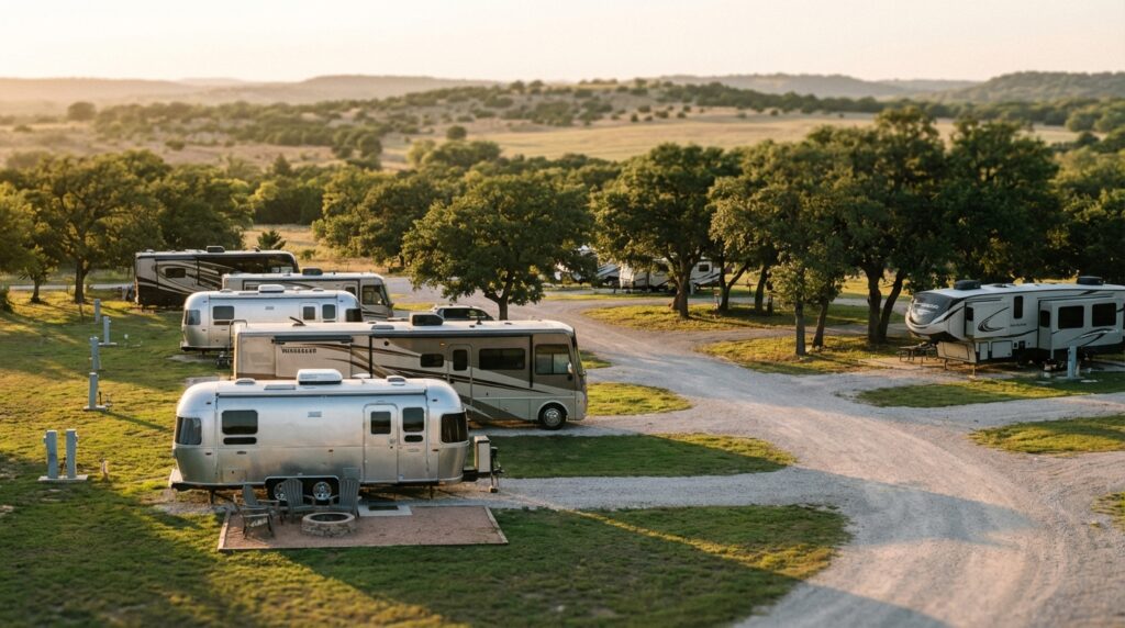 Scenic RV park featuring Airstream trailers and large motorhomes parked on gravel sites amidst scattered trees and green grass, with rolling hills glowing in the golden sunset background