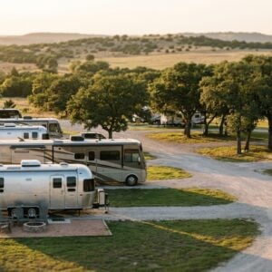 Scenic RV park featuring Airstream trailers and large motorhomes parked on gravel sites amidst scattered trees and green grass, with rolling hills glowing in the golden sunset background