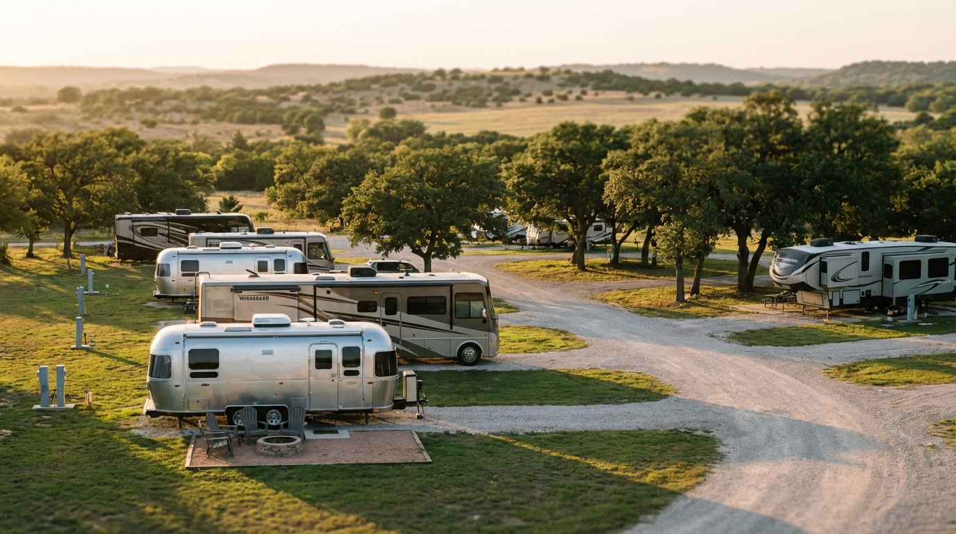 Scenic RV park featuring Airstream trailers and large motorhomes parked on gravel sites amidst scattered trees and green grass, with rolling hills glowing in the golden sunset background