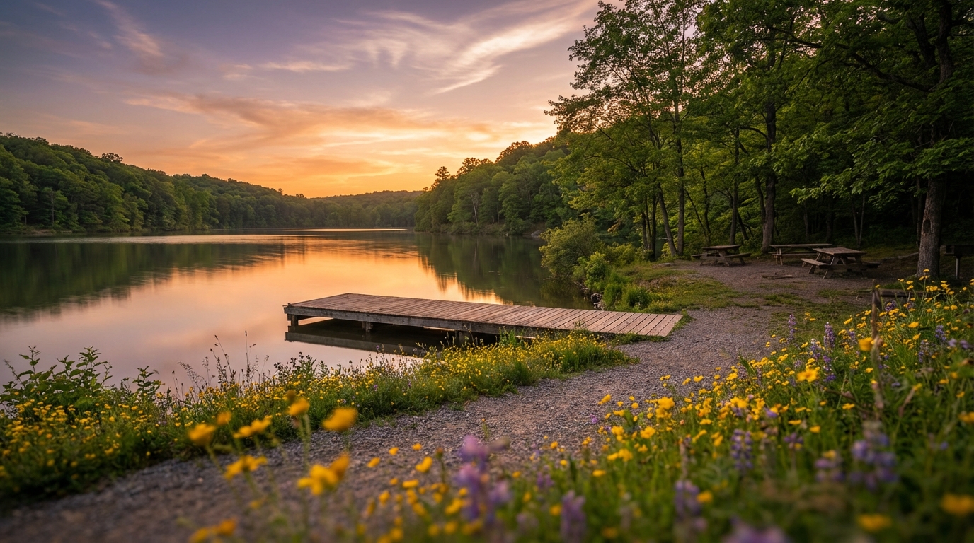 Wooden dock extending into a calm lake at sunset with orange and purple hues reflecting on the water, framed by a gravel path lined with yellow and purple wildflowers and a forest background with picnic tables
