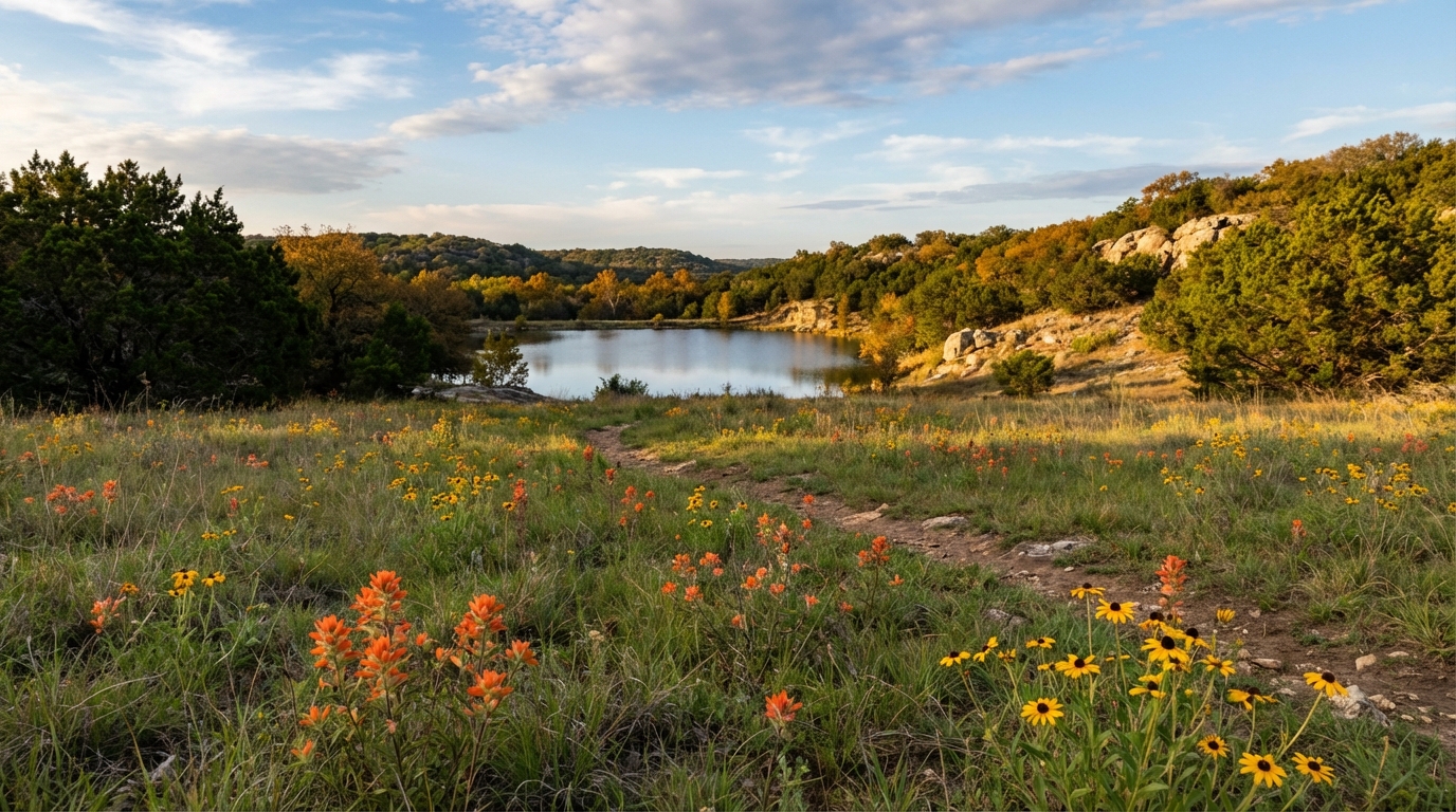 Dirt hiking trail winding through a meadow of orange Indian paintbrush and yellow wildflowers toward a calm lake surrounded by tree-covered hills under a partly cloudy blue sky