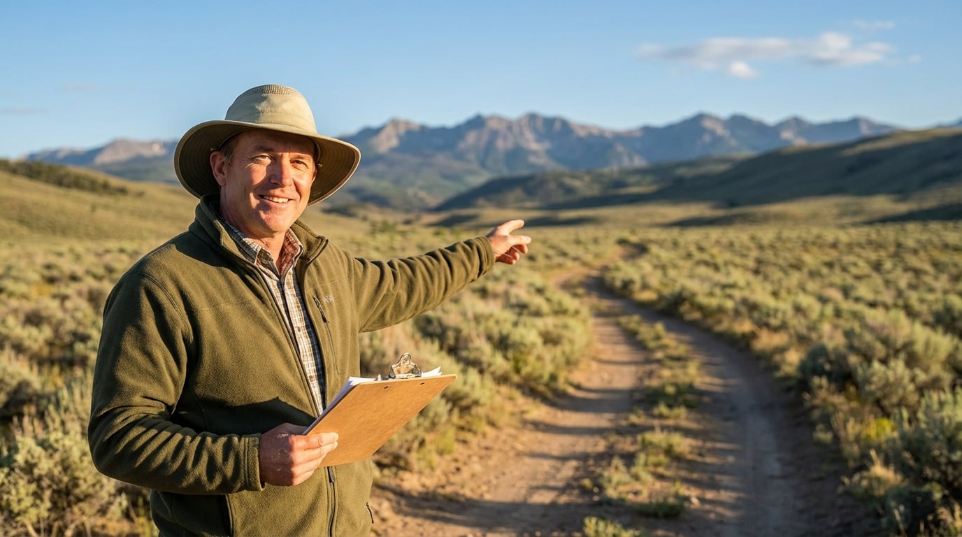 Smiling man in a sun hat and olive green fleece jacket stands in a sagebrush landscape holding a clipboard and pointing down a dirt road toward distant mountains