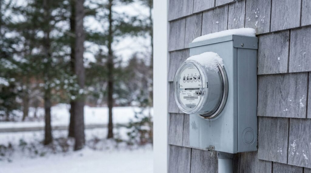 Snow-covered residential electric meter mounted on the gray shingled siding of a house with a blurred wintry landscape in the background
