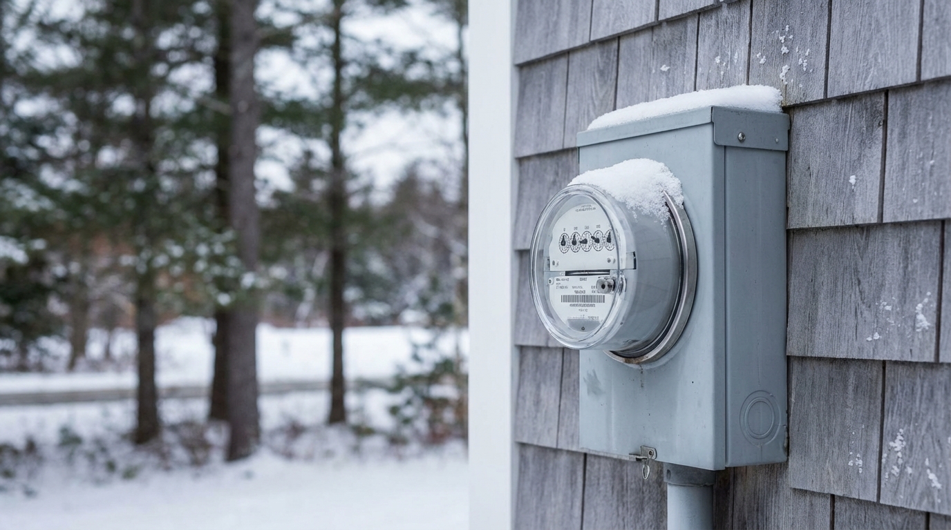 Snow-covered residential electric meter mounted on the gray shingled siding of a house with a blurred wintry landscape in the background