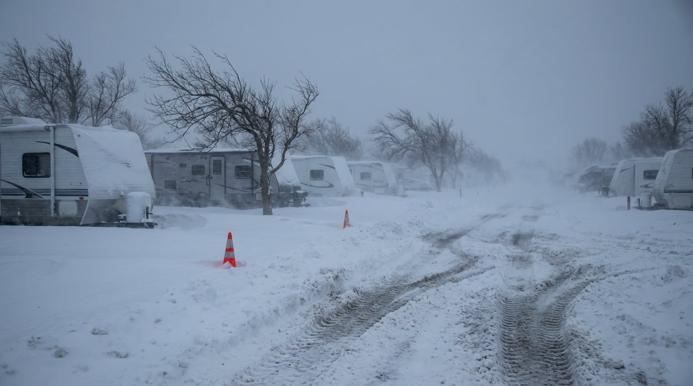 Snow-covered RVs and travel trailers parked in a campground during a severe winter storm, with deep tire tracks carving through the snow-packed road near orange traffic cones and bare trees.