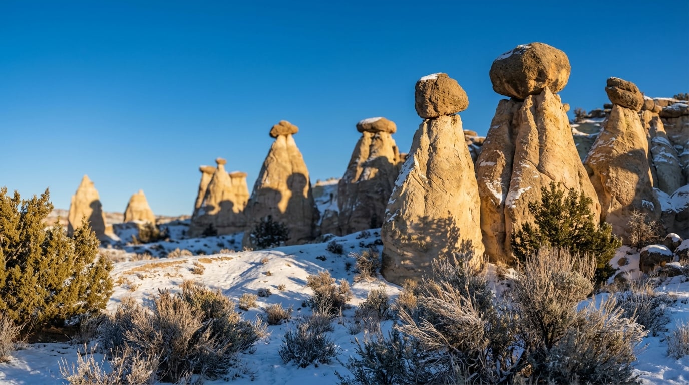Tall sandstone hoodoos with balanced capstones standing in a snowy desert landscape with sagebrush and juniper trees under a clear blue sky