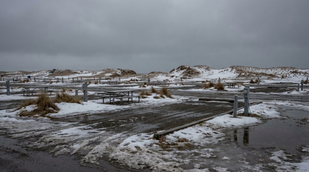 Empty coastal campground and picnic area covered in slush, puddles, and melting snow, with wooden tables and utility posts standing before snow-dusted sand dunes under a gloomy gray sky.