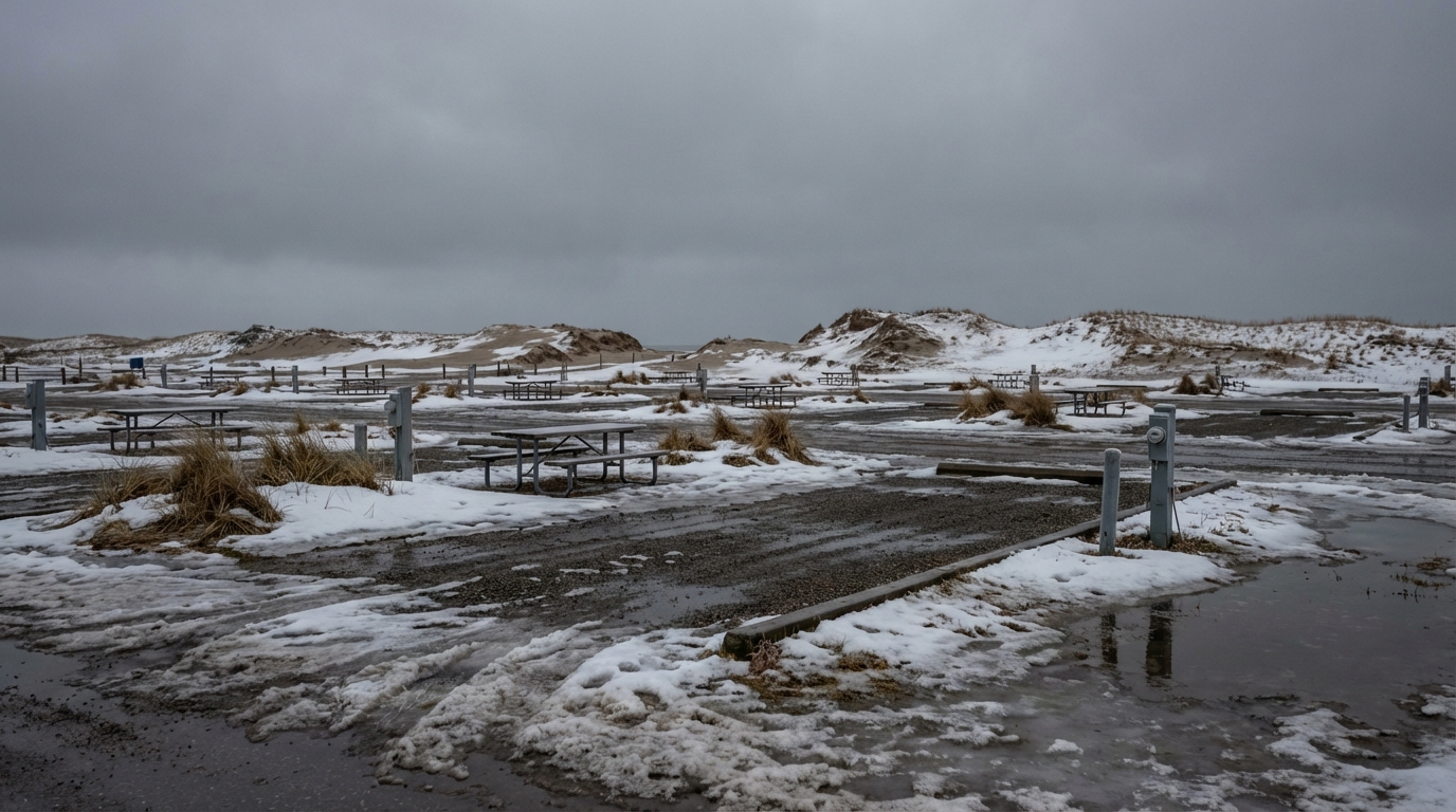 Empty coastal campground and picnic area covered in slush, puddles, and melting snow, with wooden tables and utility posts standing before snow-dusted sand dunes under a gloomy gray sky.