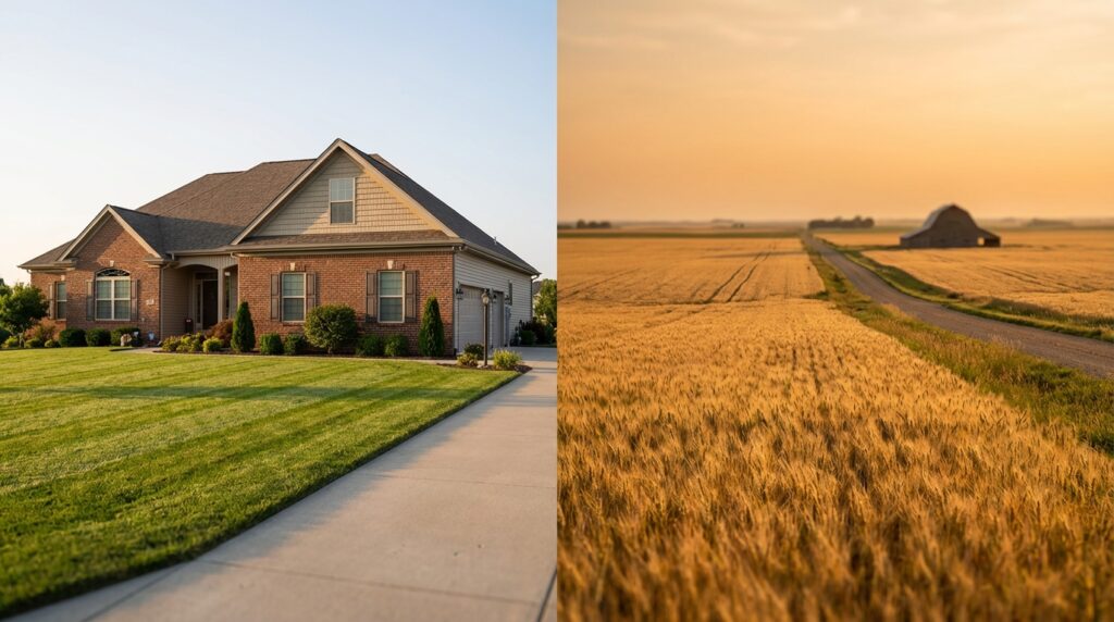 Split-screen comparison showing a suburban brick home with a manicured lawn and driveway on the left alongside a rural golden wheat field with a dirt road leading to a barn at sunset on the right