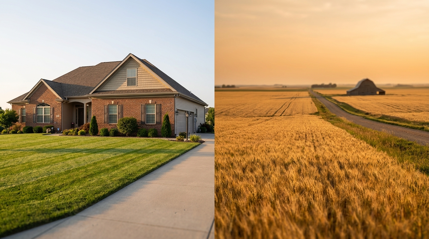 Split-screen comparison showing a suburban brick home with a manicured lawn and driveway on the left alongside a rural golden wheat field with a dirt road leading to a barn at sunset on the right