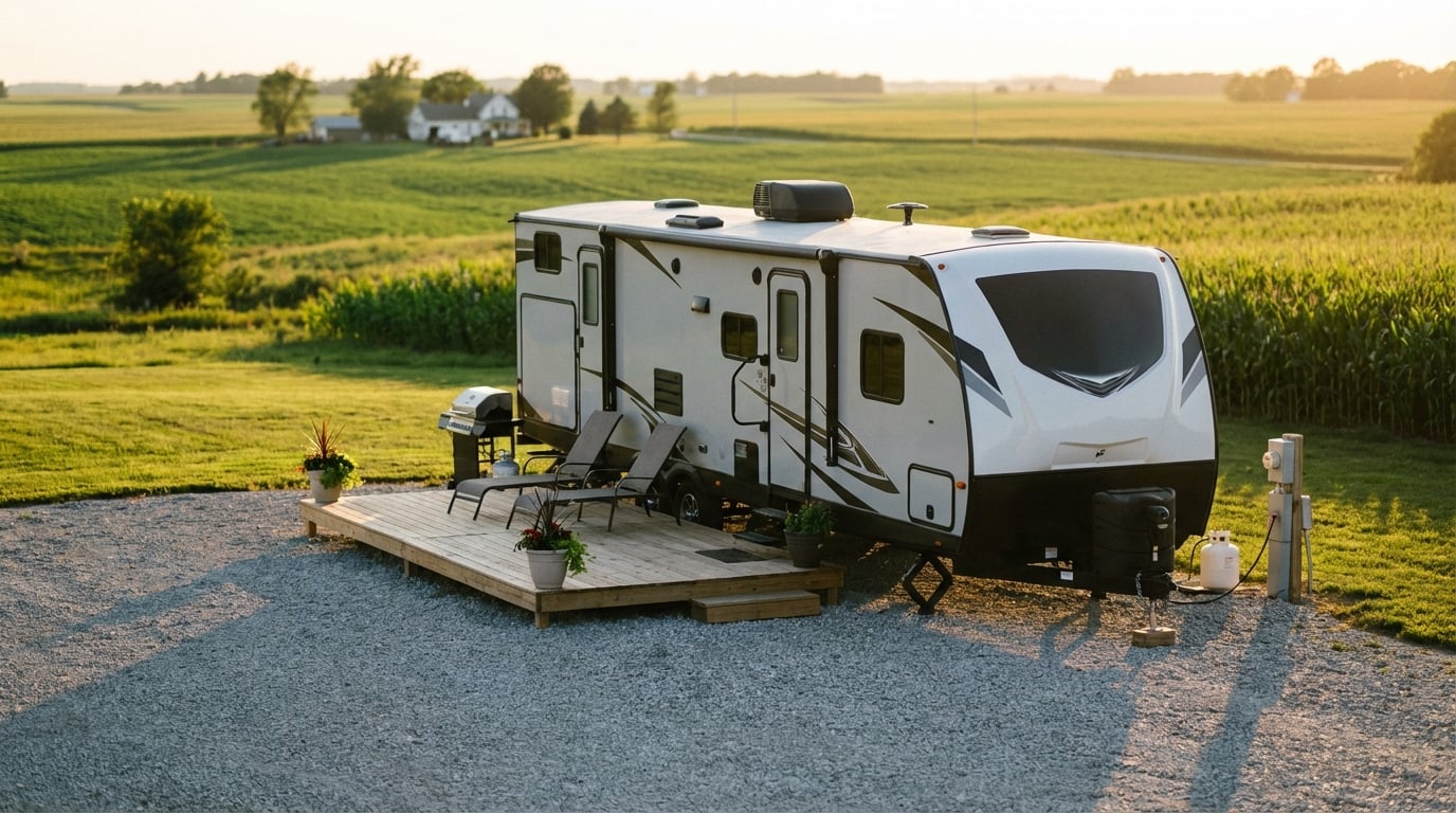 White travel trailer parked on a gravel campsite featuring a wooden deck with lounge chairs and a grill, set against a backdrop of rolling green cornfields and a distant farmhouse during sunset