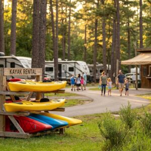 Wooden rack labeled Kayak Rental holding red, yellow, and blue kayaks sits on the grass at a wooded RV park, with families walking along a paved path past parked campers and a small wooden cabin.