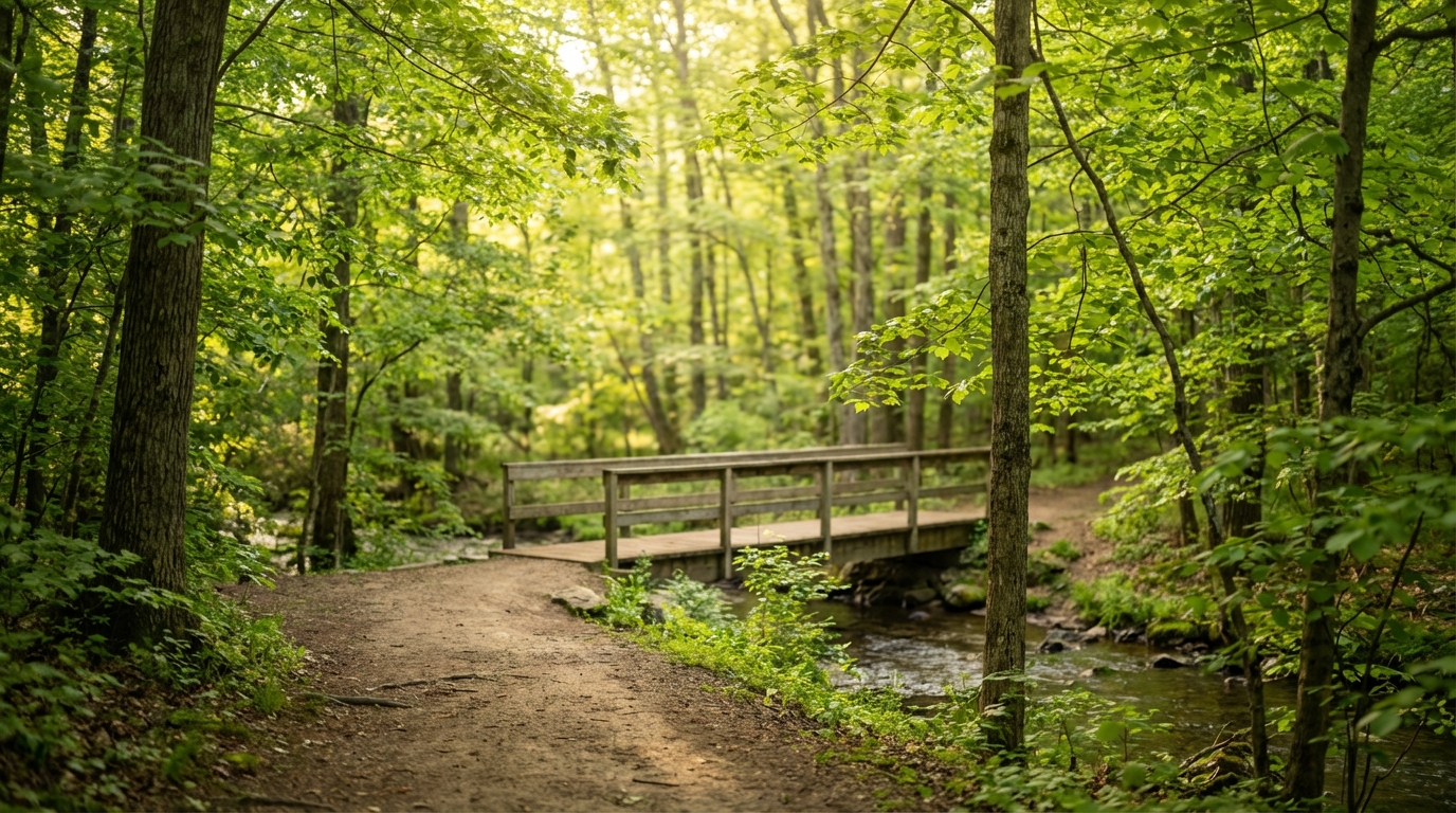 Dirt hiking path leading to a wooden footbridge over a small stream in a lush green forest with dappled sunlight filtering through the trees