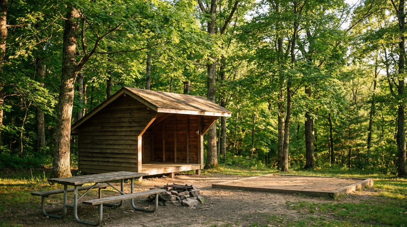 Wooden lean-to shelter at a forest campsite featuring a picnic table, stone fire ring, and gravel tent pad surrounded by tall green trees in the sunlight