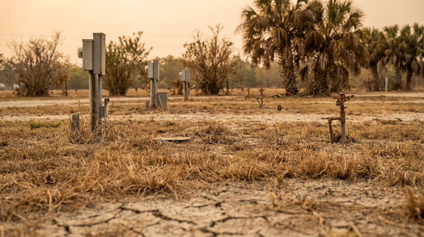 Deeply cracked dry earth and dead brown grass cover an arid landscape with abandoned utility pedestals and a water spigot, backed by dying palm trees under a hazy, drought-stricken sky.