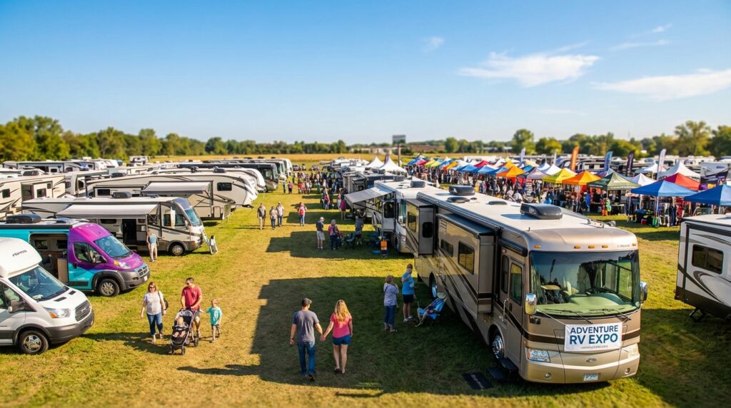 People walking on a grassy field browsing rows of parked motorhomes, camper vans, and travel trailers at an outdoor event. A large tan RV in the right foreground displays an Adventure RV Expo banner, with a line of colorful vendor tents visible in the background under a clear blue sky.