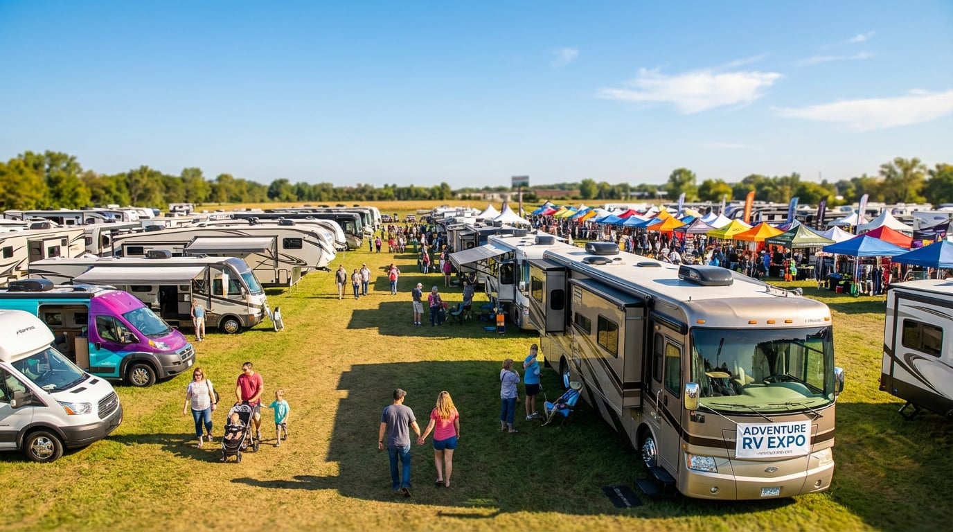 People walking on a grassy field browsing rows of parked motorhomes, camper vans, and travel trailers at an outdoor event. A large tan RV in the right foreground displays an Adventure RV Expo banner, with a line of colorful vendor tents visible in the background under a clear blue sky.