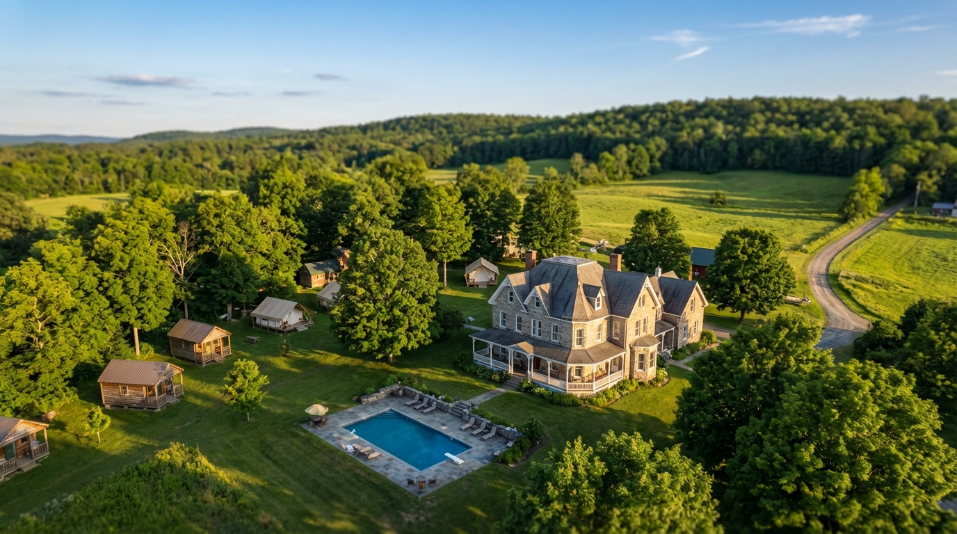 Aerial view of a sprawling countryside retreat featuring a historic stone mansion with a wrap-around porch. The lush green property includes a rectangular swimming pool, small wooden guest cabins, and canvas glamping tents nestled among mature trees, with a winding dirt road and rolling forested hills in the background under a blue sky.