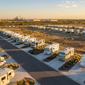 Aerial view of a large RV park during golden hour, showing rows of parked motorhomes and travel trailers on concrete pads, a central fenced dog park, and wind turbines along the distant horizon.
