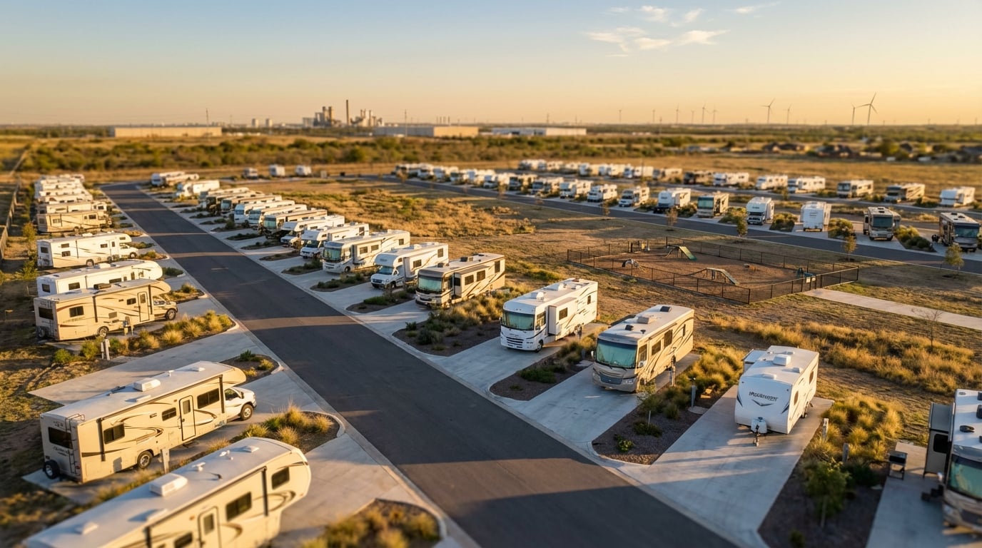 Aerial view of a large RV park during golden hour, showing rows of parked motorhomes and travel trailers on concrete pads, a central fenced dog park, and wind turbines along the distant horizon.