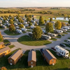 Aerial view of a sprawling rural RV park and campground during autumn, featuring paved loops lined with parked recreational vehicles and small wooden cabins surrounded by farm fields and a pond.