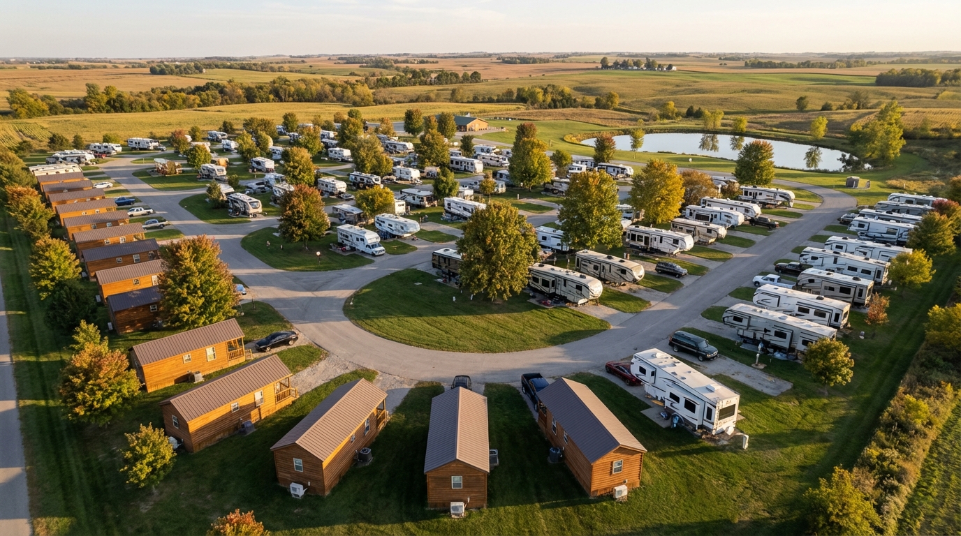 Aerial view of a sprawling rural RV park and campground during autumn, featuring paved loops lined with parked recreational vehicles and small wooden cabins surrounded by farm fields and a pond.