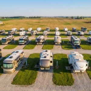 Aerial view of a large rural RV park filled with parked motorhomes and travel trailers on gravel pads separated by strips of green grass, with farm fields and barns in the background under a clear blue sky.