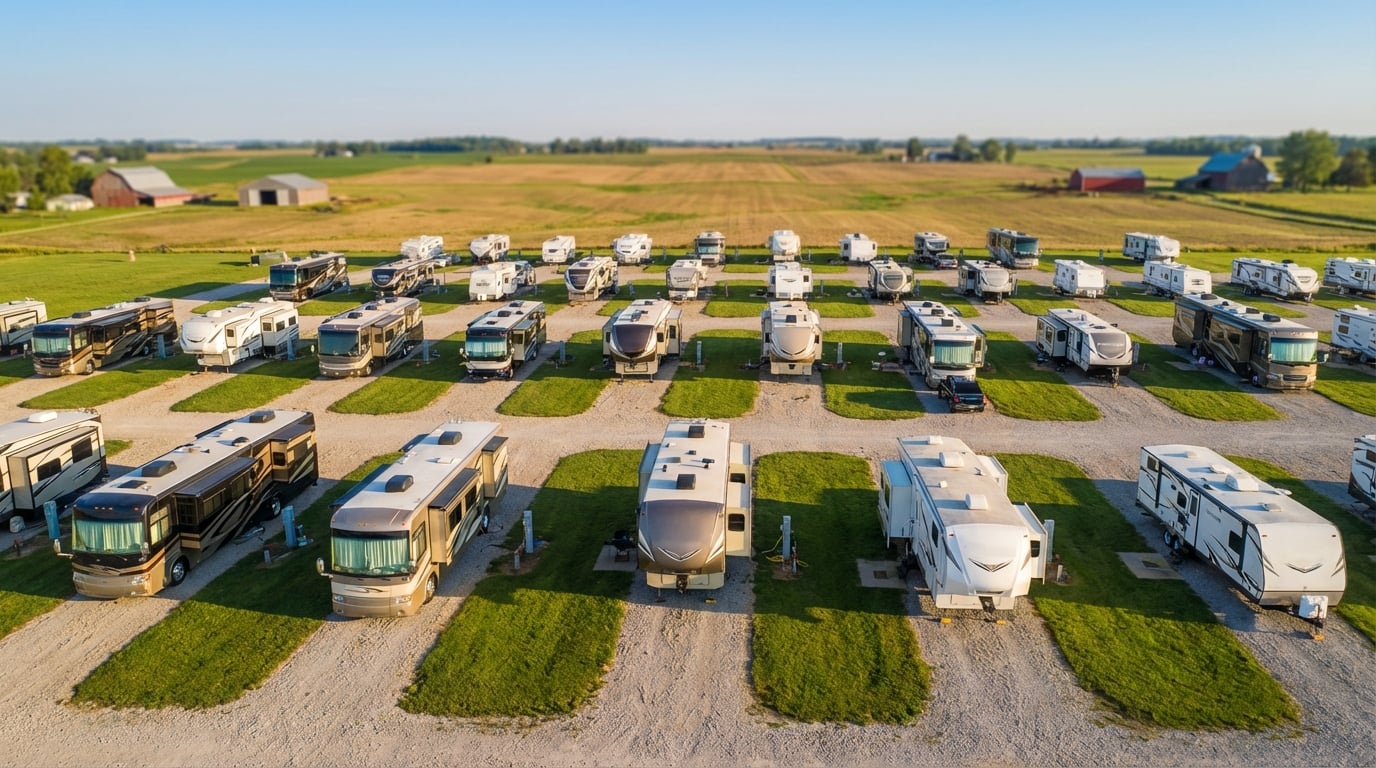 Aerial view of a large rural RV park filled with parked motorhomes and travel trailers on gravel pads separated by strips of green grass, with farm fields and barns in the background under a clear blue sky.