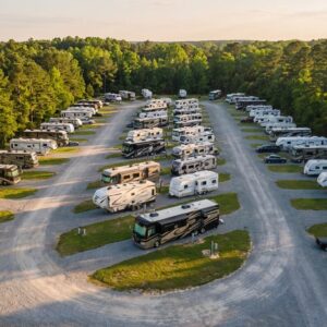 Aerial view of a large RV park and campground surrounded by lush green forest, featuring dozens of motorhomes and travel trailers parked on gravel lots along winding roads during golden hour.