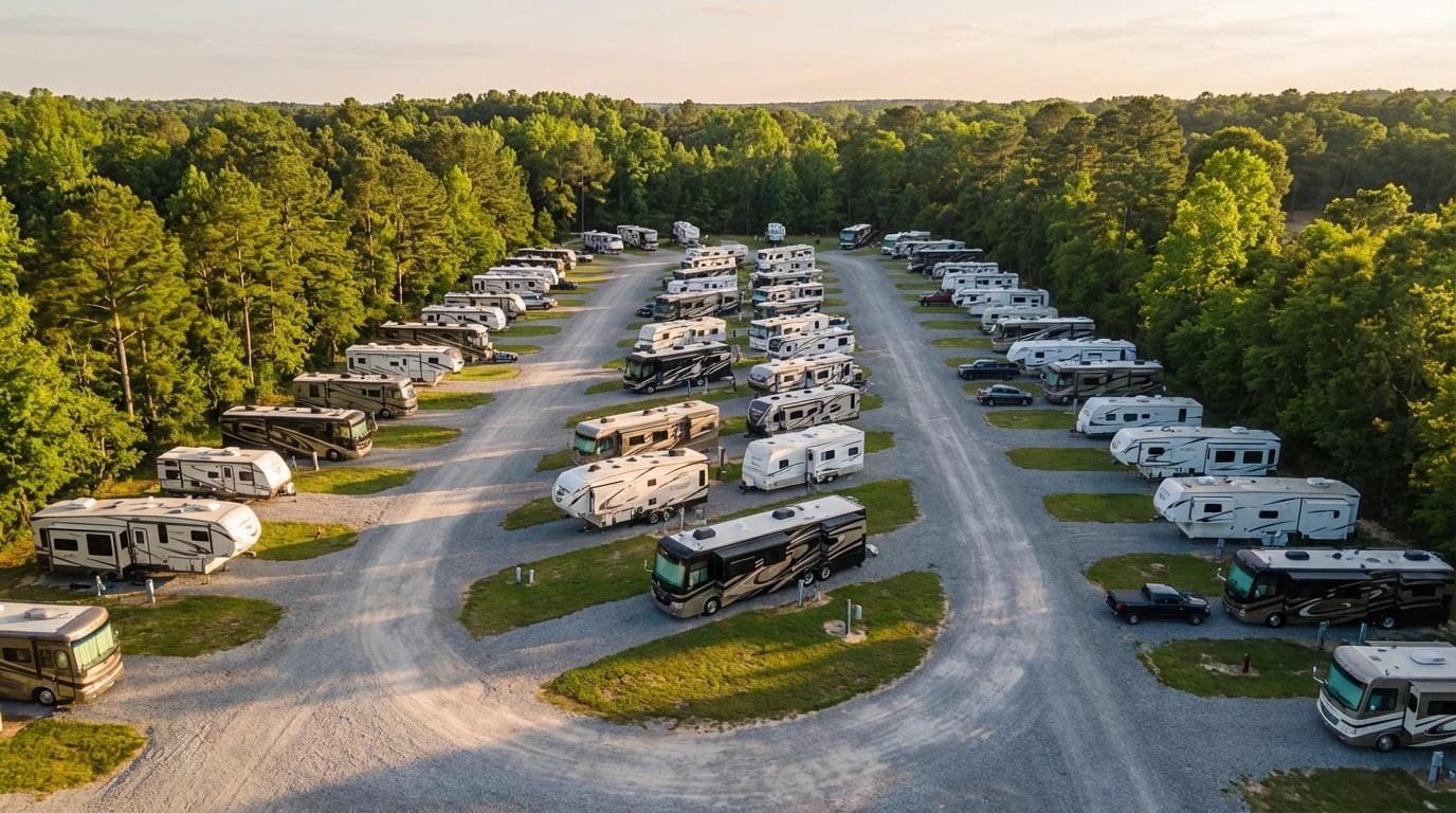 Aerial view of a large RV park and campground surrounded by lush green forest, featuring dozens of motorhomes and travel trailers parked on gravel lots along winding roads during golden hour.