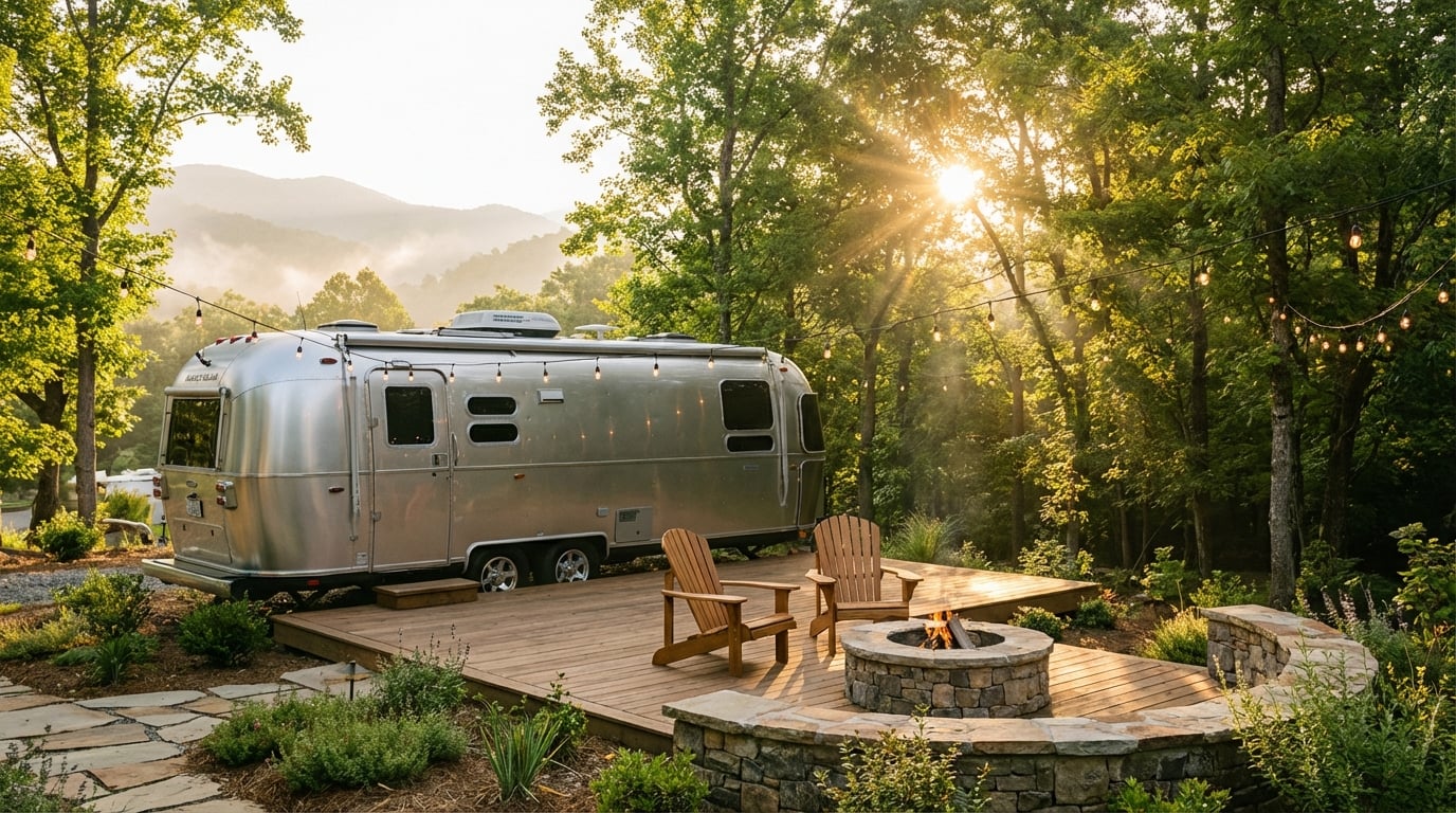 Silver Airstream travel trailer parked at a scenic mountain glamping site during golden hour. A spacious wooden deck next to the camper features two Adirondack chairs and a lit stone fire pit. Warm sunlight streams through lush green trees adorned with hanging string lights, with misty mountains visible in the distance.