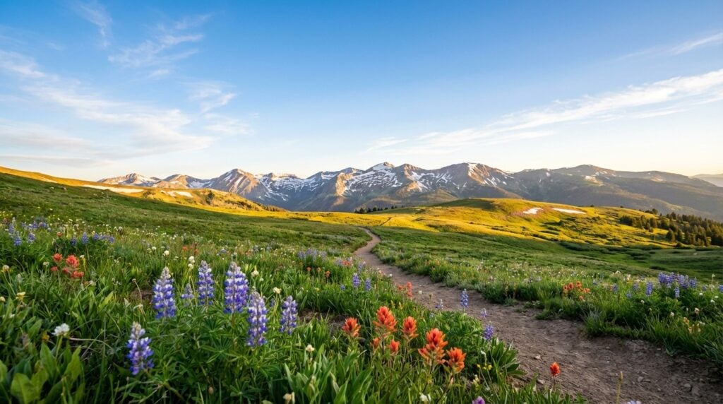 Winding dirt hiking trail through a vibrant green alpine meadow blooming with purple and red wildflowers leading toward snow-capped mountain peaks under a bright blue sky with scattered clouds.