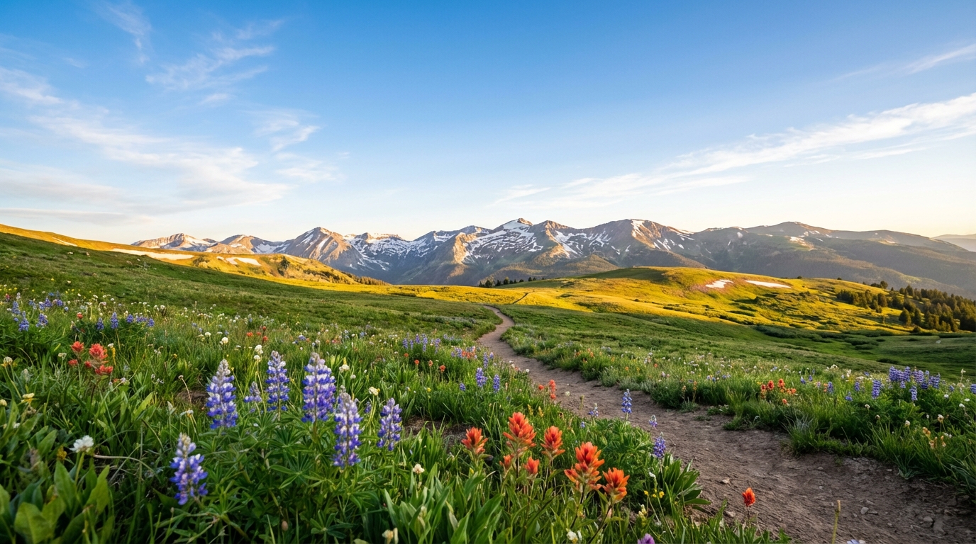 Winding dirt hiking trail through a vibrant green alpine meadow blooming with purple and red wildflowers leading toward snow-capped mountain peaks under a bright blue sky with scattered clouds.