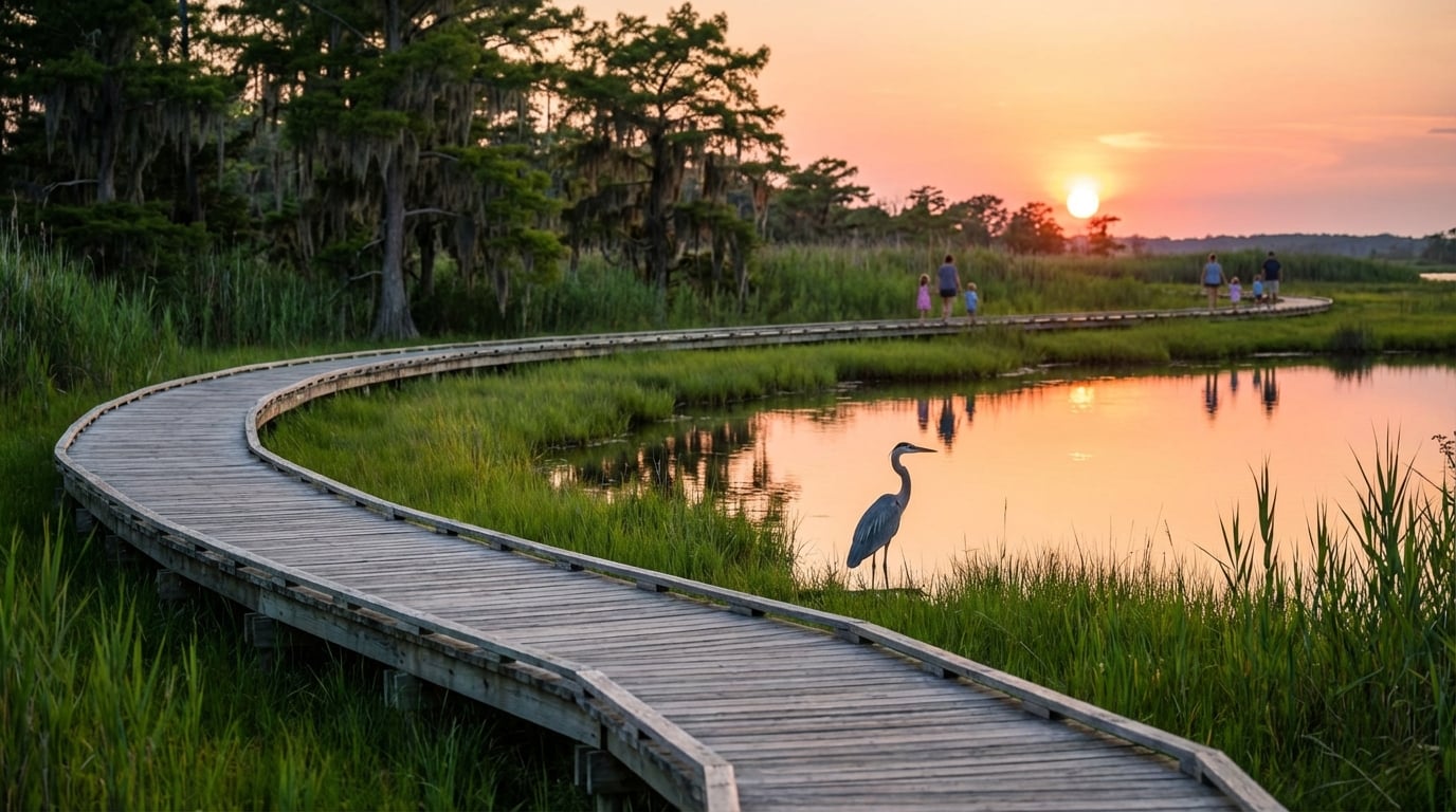 Winding wooden boardwalk through a green marshland at sunset with a Great Blue Heron standing by reflecting water in the foreground and distant families walking the trail toward a bright orange sun past trees draped in Spanish moss.