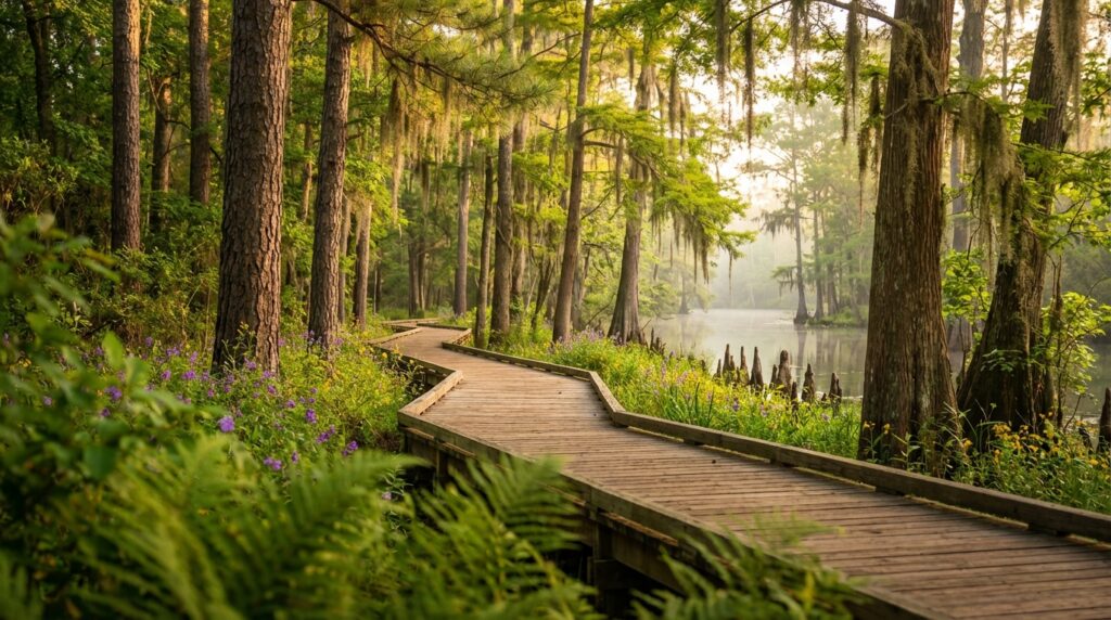 A wooden boardwalk winds through a lush wetland forest bordered by green ferns and blooming purple and yellow wildflowers, with tall trees draped in Spanish moss standing beside calm, hazy water and protruding cypress knees.