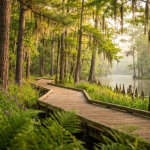 A wooden boardwalk winds through a lush wetland forest bordered by green ferns and blooming purple and yellow wildflowers, with tall trees draped in Spanish moss standing beside calm, hazy water and protruding cypress knees.