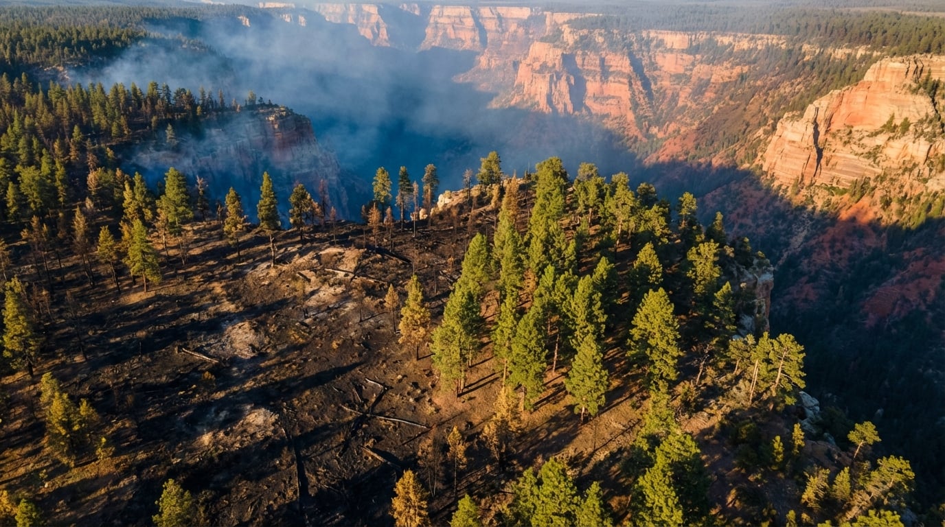 Aerial view of wildfire damage on a canyon rim showing scorched earth and charred fallen trees alongside surviving green pines, as thick smoke fills the deep red rock canyon in the background.