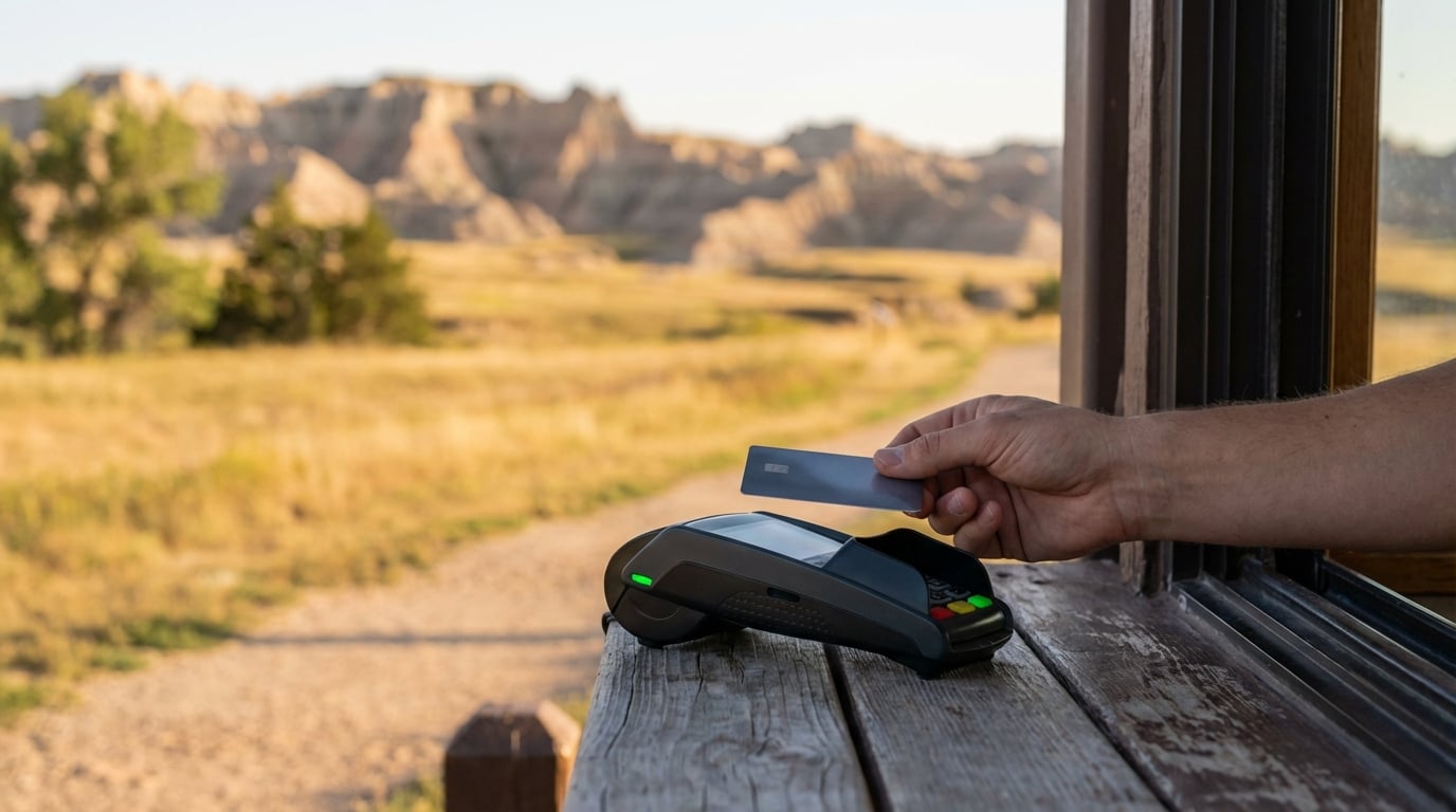 Close-up of a hand making a contactless credit card payment on a digital terminal at an outdoor wooden kiosk, with a scenic, out-of-focus landscape of rugged hills and grasslands in the background.