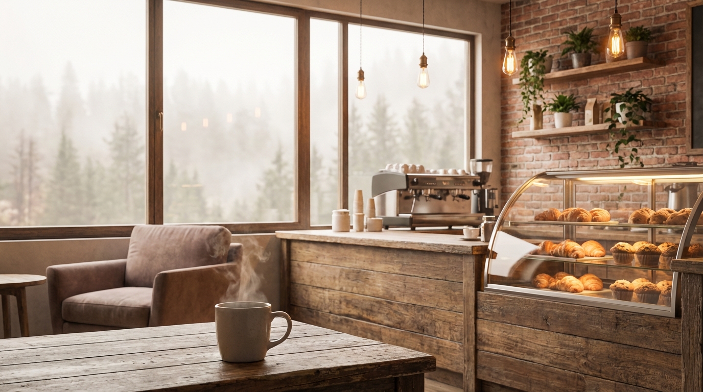 Steaming white coffee mug on a rustic wooden table inside a cozy cafe. Large windows reveal a misty pine forest in the background. The coffee shop interior features a comfortable brown armchair, a wooden counter with a professional espresso machine, and a lit glass display case filled with fresh croissants and muffins against an exposed brick wall with hanging plants and warm pendant lighting.
