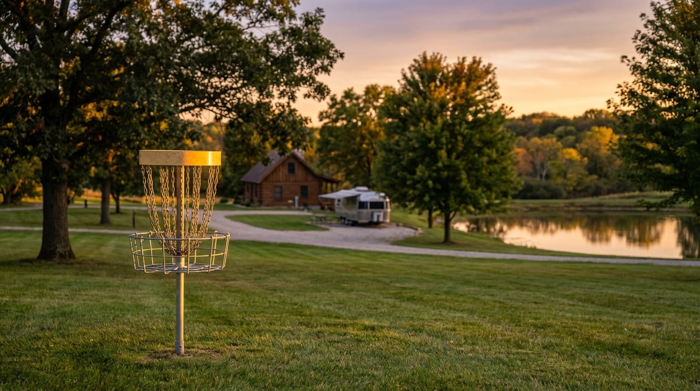 Metal disc golf basket on a grassy lawn illuminated by a sunset, with a wooden log cabin, silver travel trailer, and tranquil pond surrounded by trees in the background.