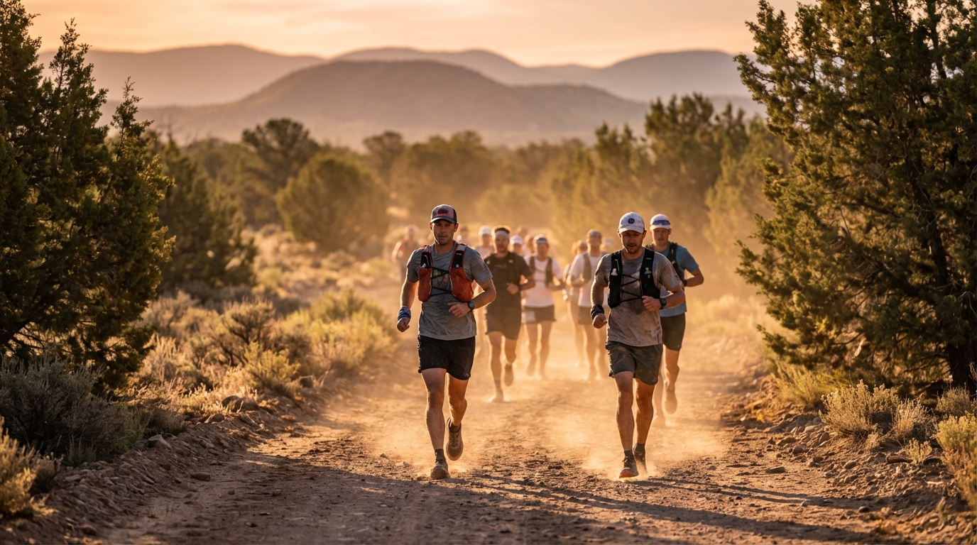 A group of trail runners wearing hydration vests race down a dusty dirt path in a desert landscape at golden hour, kicking up dirt with mountains in the distance.