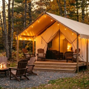 A large, illuminated canvas glamping tent on a wooden deck in an autumn forest, featuring warm string lights, an outdoor fire pit surrounded by wooden Adirondack chairs, and an RV parked in the background.