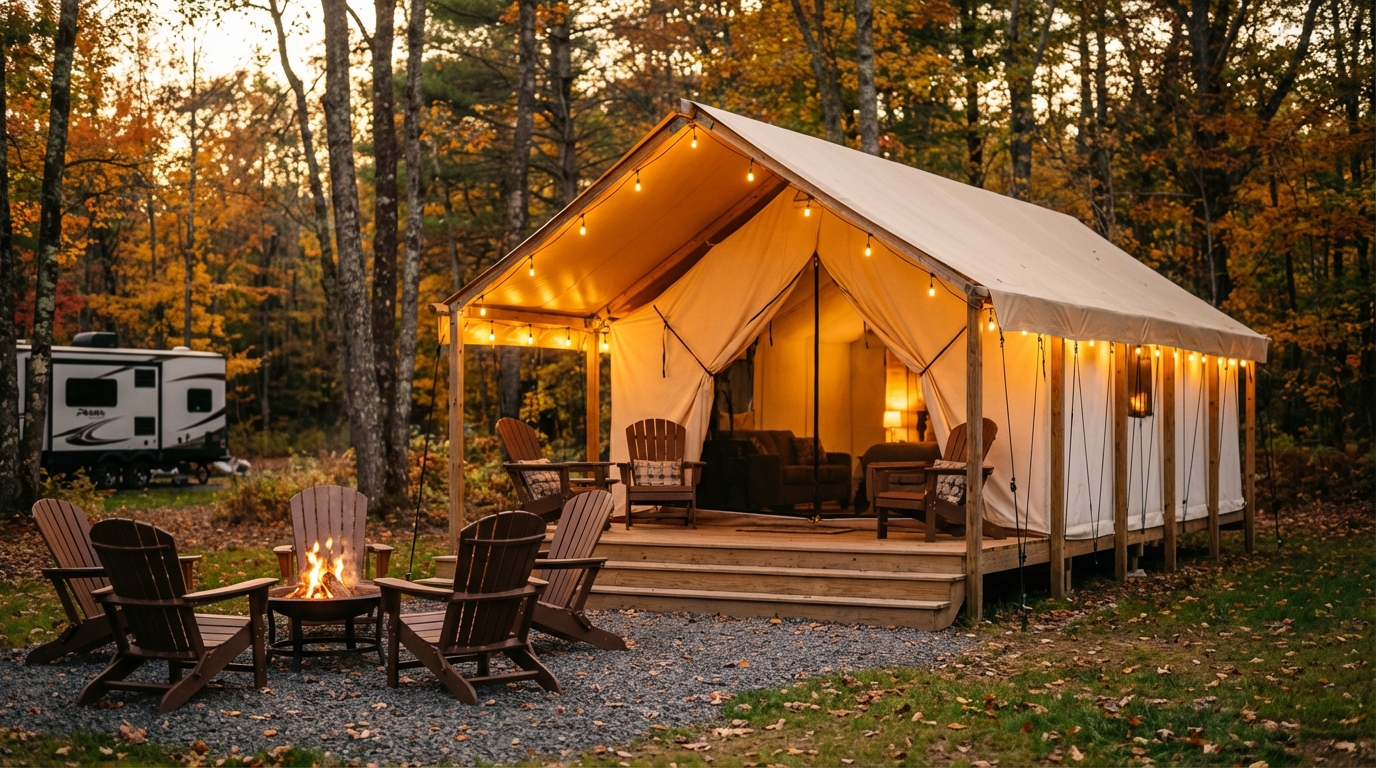 A large, illuminated canvas glamping tent on a wooden deck in an autumn forest, featuring warm string lights, an outdoor fire pit surrounded by wooden Adirondack chairs, and an RV parked in the background.