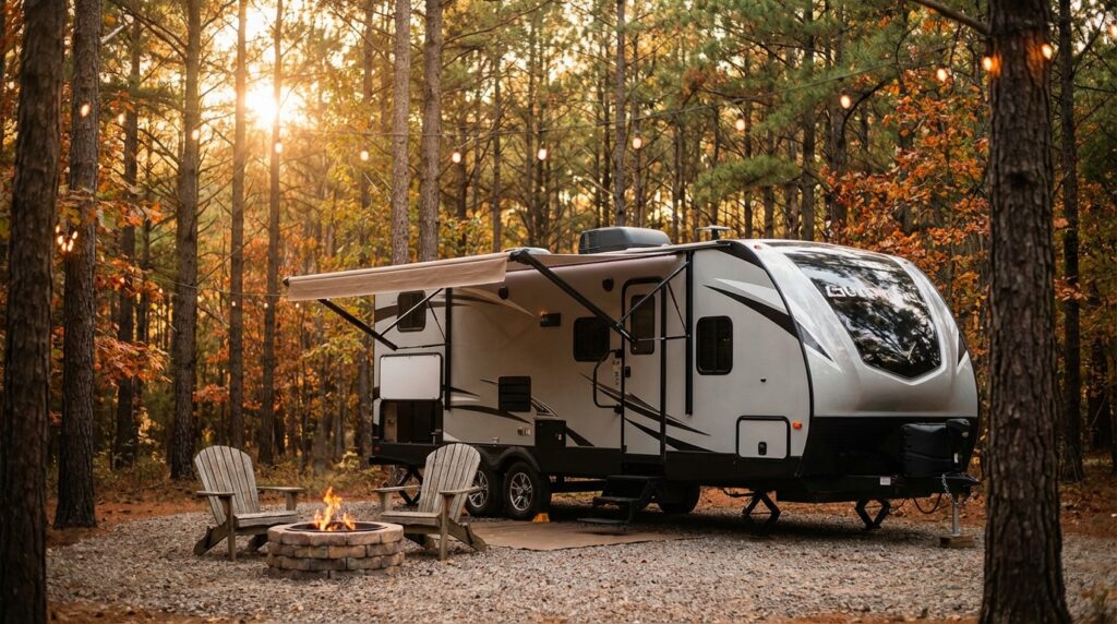 Modern silver travel trailer parked at a gravel campsite in an autumn forest with its awning extended, featuring two wooden Adirondack chairs facing a lit stone fire pit under string lights at sunset.