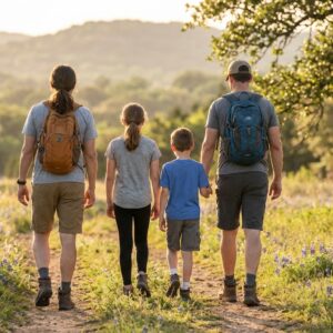 A family of four seen from behind hiking along a sunny dirt trail surrounded by a meadow of tall grass and blue wildflowers. Two adults wearing backpacks walk alongside a young girl and boy toward distant rolling hills during golden hour.
